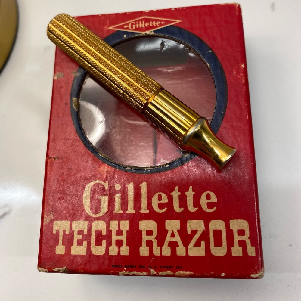 Vintage 3 piece Gold Gillette Fat Handle Tech and original Box - Picture 10 of 13